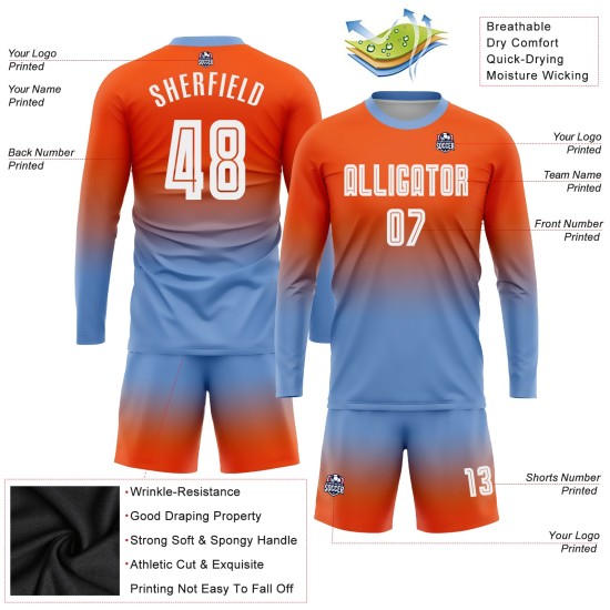 White-Light Soccer Blue Fashion Sublimation Jersey Sleeve Orange Uniform Fade Custom Long White-Light Soccer Blue Fashion Sublimation Jersey Sleeve Orange Uniform Fade Custom Long
