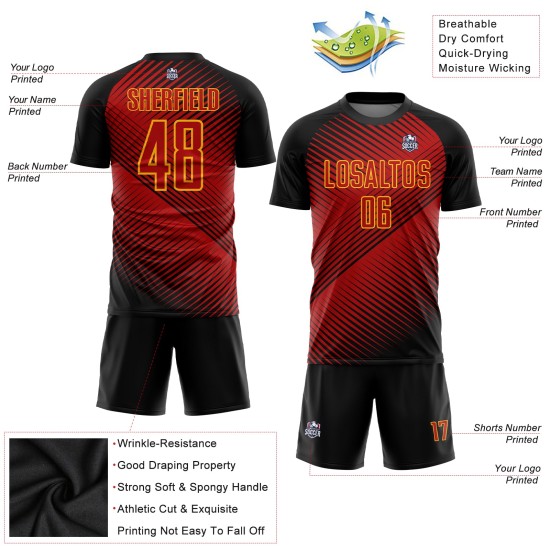 Custom Black-Yellow Sublimation Jersey Red Soccer Uniform Custom Black-Yellow Sublimation Jersey Red Soccer Uniform