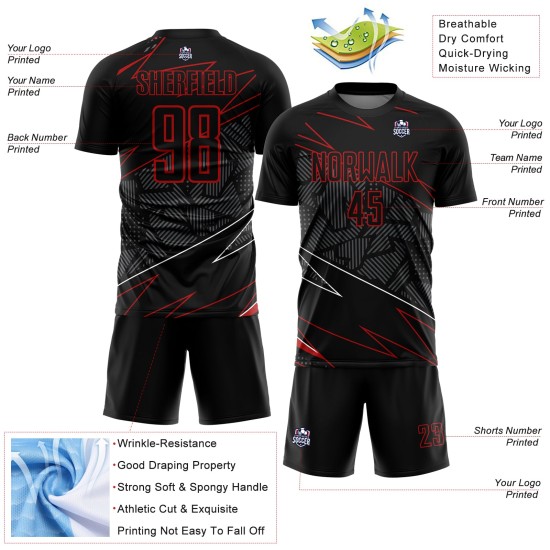 Sublimation Red Custom Black Uniform Soccer Lines Jersey Sublimation Red Custom Black Uniform Soccer Lines Jersey