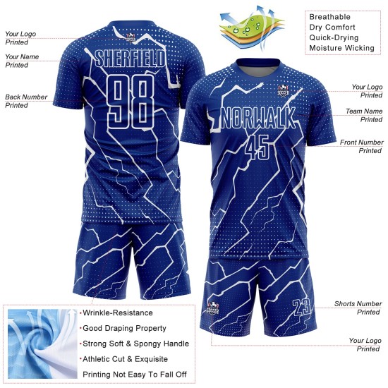 Uniform Soccer Custom White Jersey Sublimation Royal Lightning Uniform Soccer Custom White Jersey Sublimation Royal Lightning