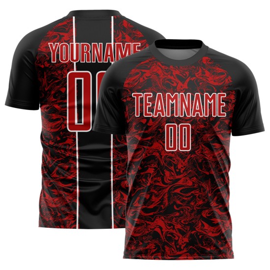 Fluid Red-White Jersey Custom Soccer Black Sublimation Uniform Abstract Fluid Red-White Jersey Custom Soccer Black Sublimation Uniform Abstract