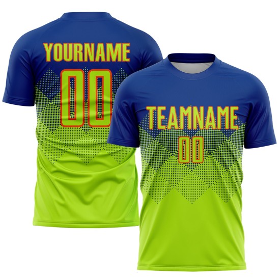 Jersey Green-Orange Custom Soccer Sublimation Uniform Neon Royal Jersey Green-Orange Custom Soccer Sublimation Uniform Neon Royal
