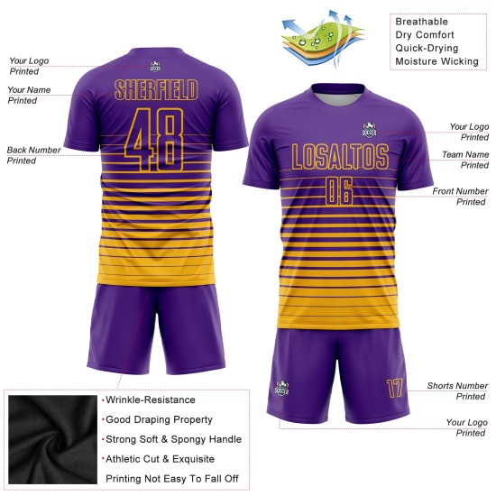 Purple Pinstripe Soccer Custom Jersey Fade Fashion Uniform Sublimation Gold Purple Pinstripe Soccer Custom Jersey Fade Fashion Uniform Sublimation Gold